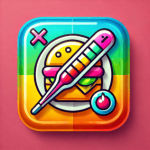 Colorful icon featuring a hamburger on a plate with a thermometer and a droplet, set against a gradient background. Is linked to the apk of the doctorsnote-app