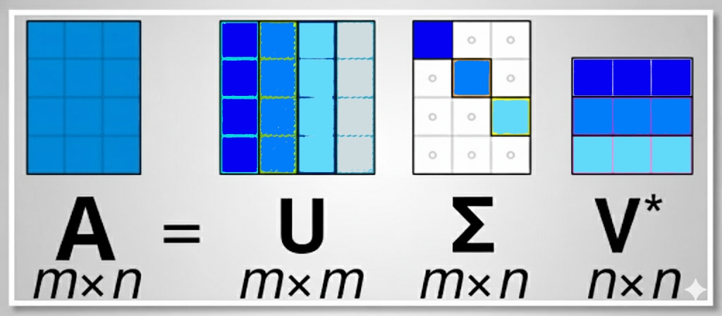 A diagram of the Singular Value Decomposition (SVD) formula showing matrix A being decomposed into matrices U, Sigma, and V-star. The image displays the dimensions of each matrix and uses color-coding to show how specific columns of U, diagonal values of Sigma, and rows of V-star are linked together as sets of triplets.