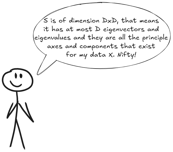 A hand-drawn stick figure smiling with a speech bubble that reads: 'S is of dimension D by D, that means it has at most D eigenvectors and eigenvalues and they are all the principle axes and components that exist for my data X. Nifty!'