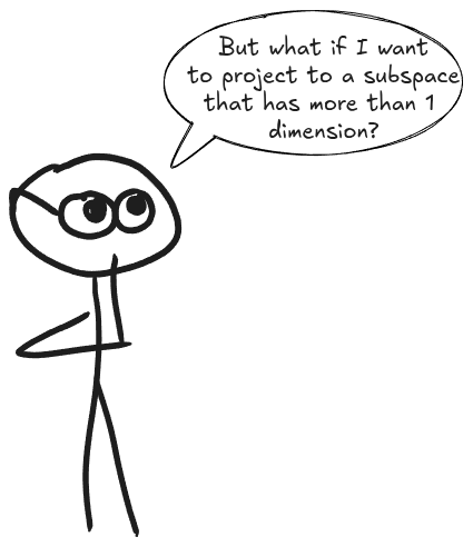 A hand-drawn stick figure with glasses looking thoughtful. A speech bubble above the figure asks, 'But what if I want to project to a subspace that has more than 1 dimension?' This marks the transition in the article from simple 1D line projection to higher-dimensional principal components.